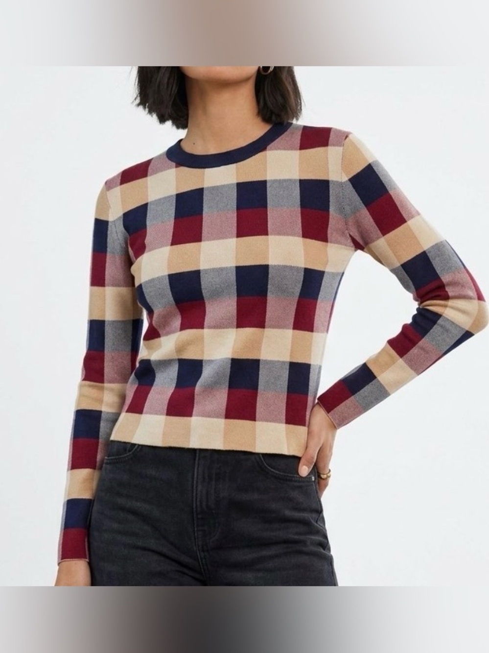 Endless Rose Anthropologie Plaid Long Sleeve Sweater Size L